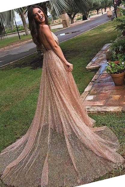 Wholesale Sexy Sequin Tulle Backless Spaghetti Straps V Neck Long Evening Prom Dresses