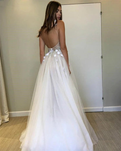 Wholesale Sexy Spaghetti Straps V Neck A Line Tulle Ivory Backless Prom Dresses Wedding Dresses