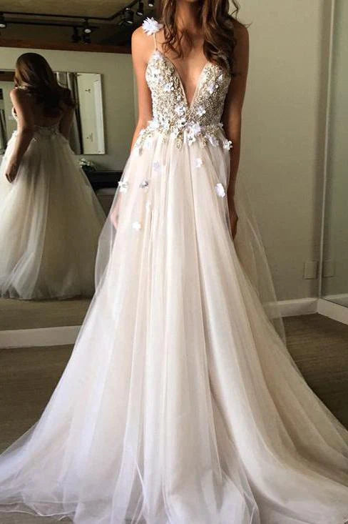 Wholesale Sexy Spaghetti Straps V Neck A Line Tulle Ivory Backless Prom Dresses Wedding Dresses