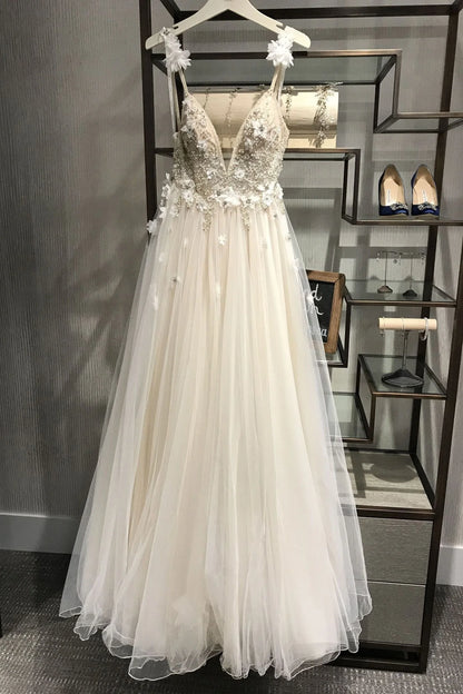 Wholesale Sexy Spaghetti Straps V Neck A Line Tulle Ivory Backless Prom Dresses Wedding Dresses