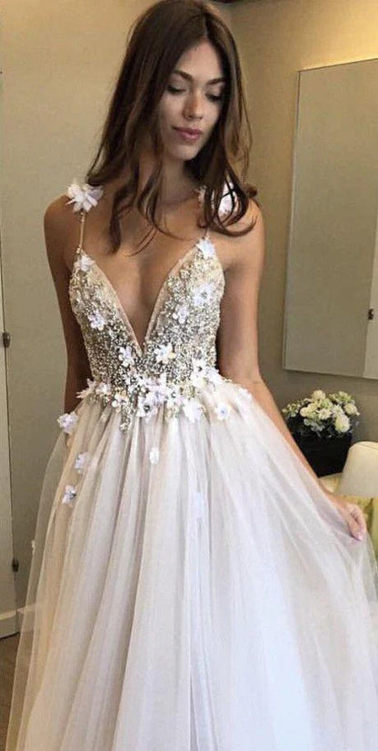 Wholesale Sexy Spaghetti Straps V Neck A Line Tulle Ivory Backless Prom Dresses Wedding Dresses