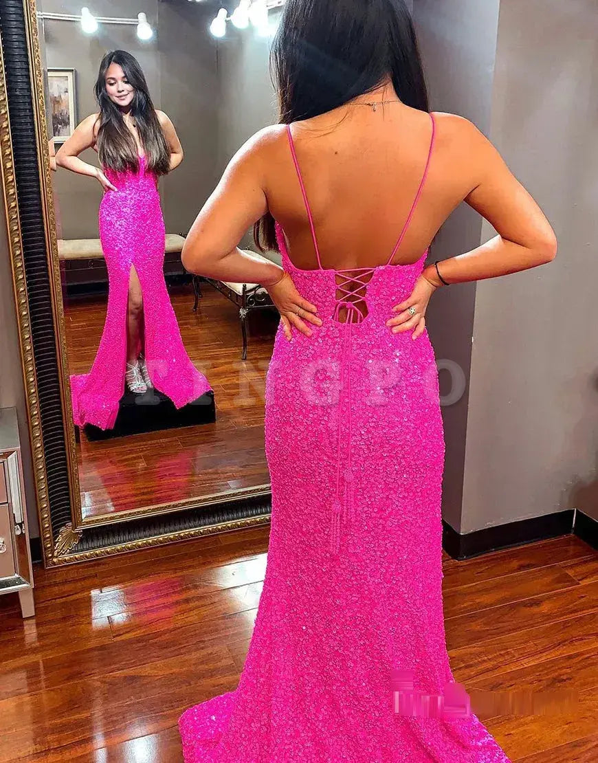 Wholesale Sexy Glitter Hot Pink Backless Long Prom Dress prom dresses shops