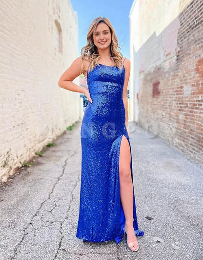 Wholesale Sexy Long Spaghetti Straps Backless Blue Dress Prom Dress prom dress in store