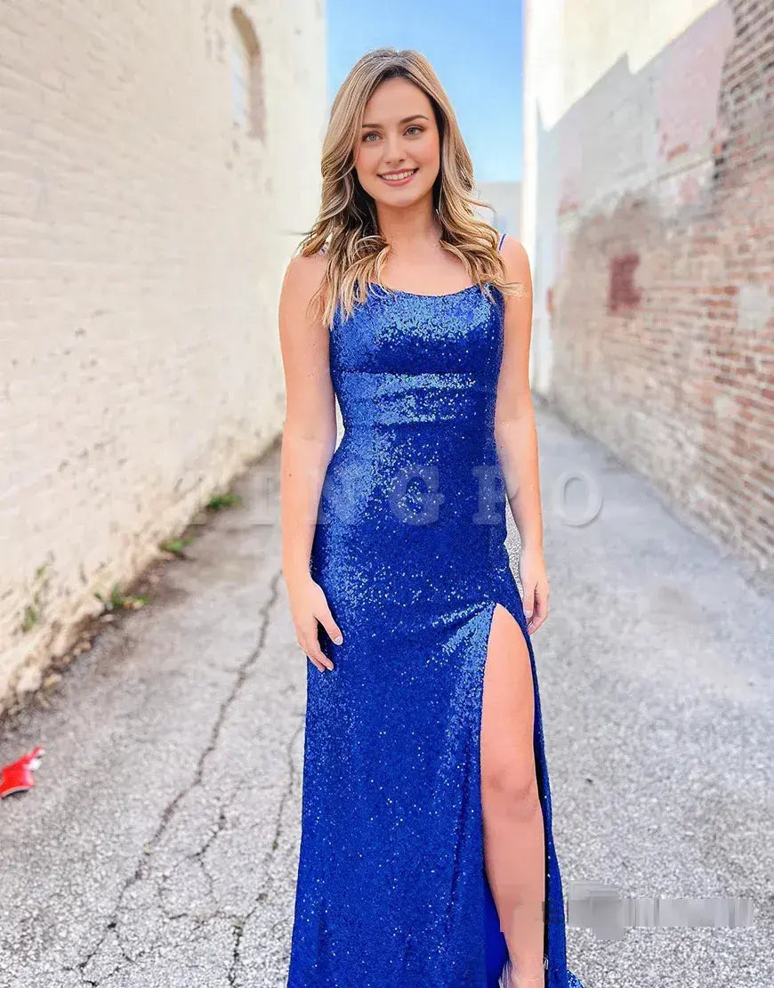 Wholesale Sexy Long Spaghetti Straps Backless Blue Dress Prom Dress prom dress in store