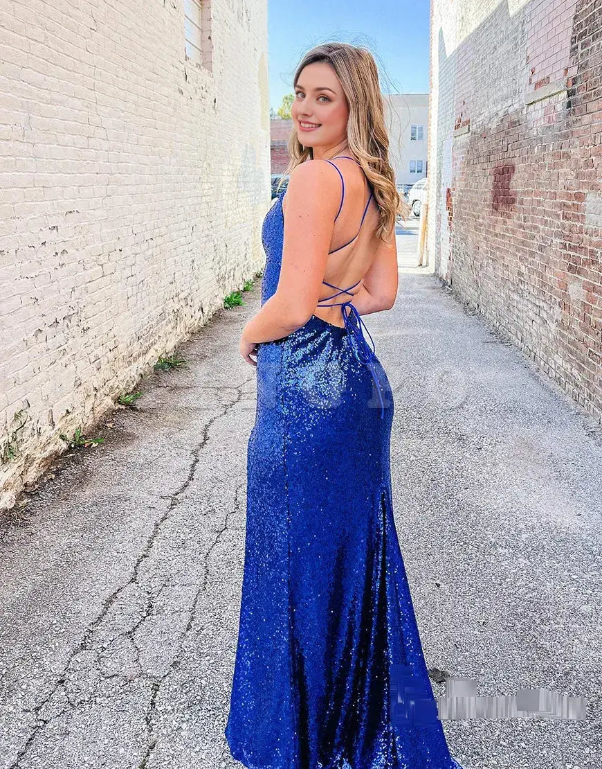 Wholesale Sexy Long Spaghetti Straps Backless Blue Dress Prom Dress prom dress in store