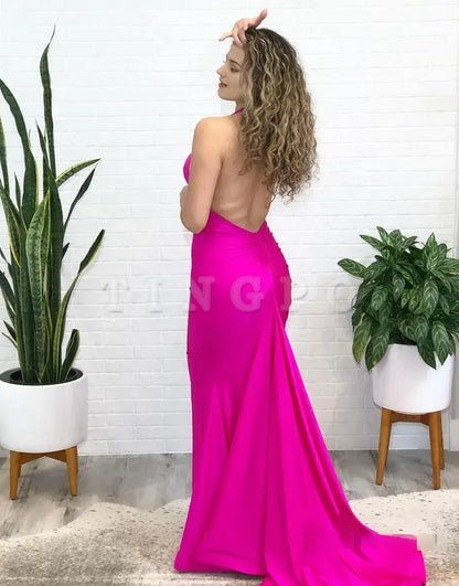 Wholesale Sexy Mermaid Halter Hot Pink Backless Satin Prom Dress prom dress in store formal wear dresses