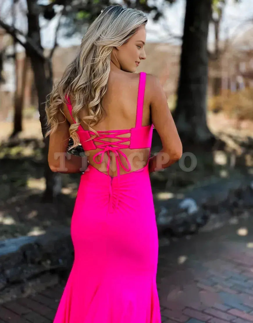 Wholesale Sexy Mermaid Hot Pink Open Back Long Prom Dress prom dress in store