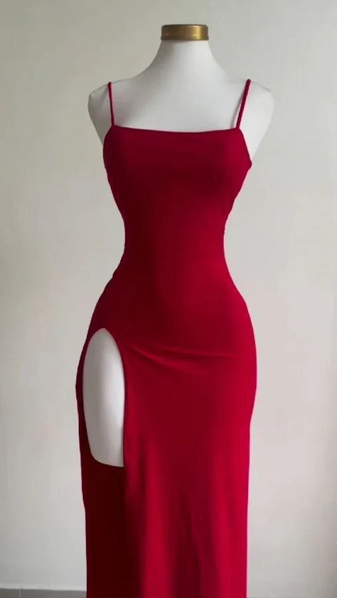 TingPo Wholesale Sexy Sheath Spaghetti Straps Red Floor Length Slit Prom Dresses Evening Dress formal wear dresses