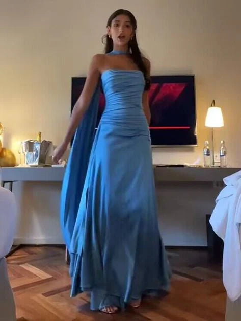 TingPo Wholesale Sexy Sheath Strapless Blue Satin Prom Dresses Party Evening Dress With Ribbon formal wear dresses