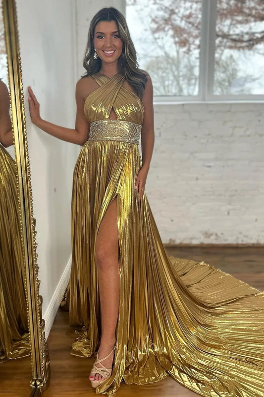 Wholesale Shiny Gold A-Line Keyhole Back Long Prom Dress With Beaded Belt prom dresses shops