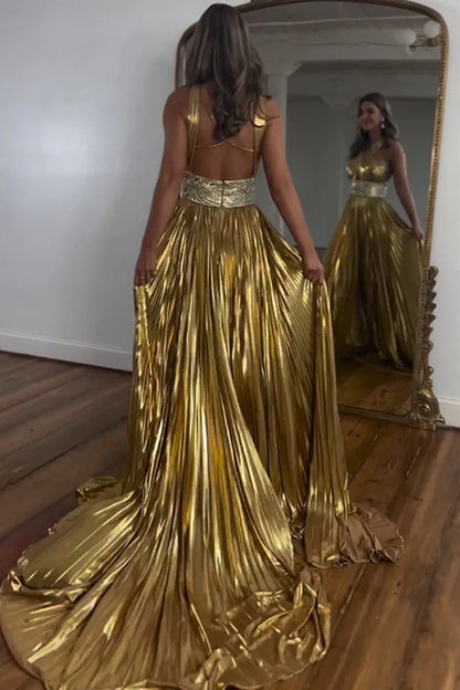 Wholesale Shiny Gold A-Line Keyhole Back Long Prom Dress With Beaded Belt prom dresses shops