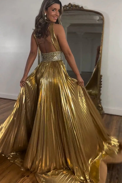 Wholesale Shiny Gold A-Line Keyhole Back Long Prom Dress With Beaded Belt prom dresses shops