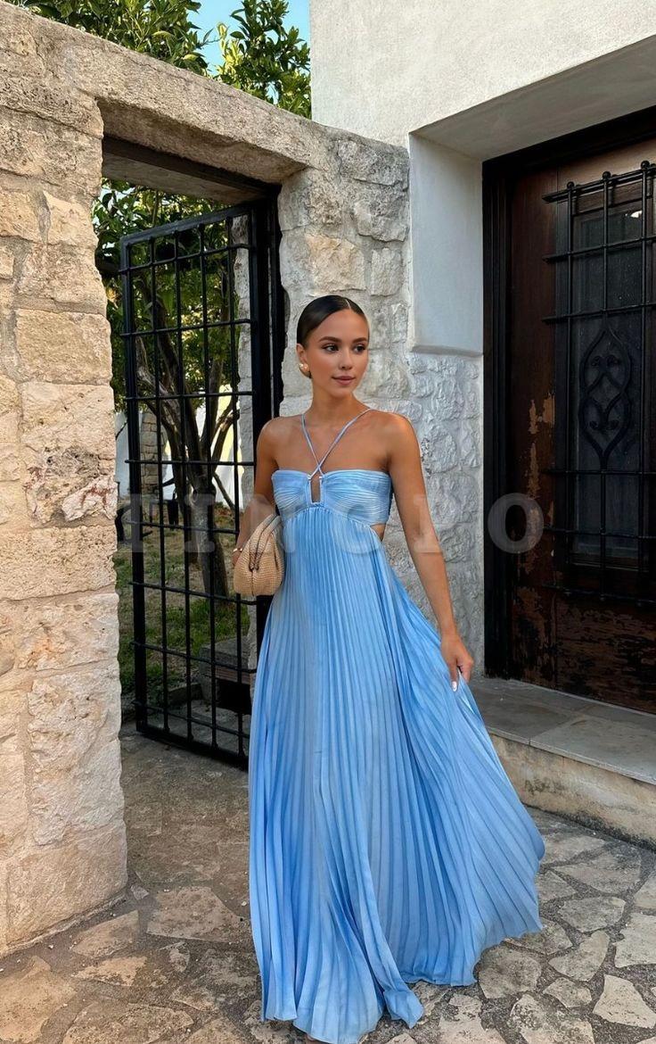 Wholesale Simple A line Halter Blue Sleeveless Long Prom Dress Formal Evening Dresses gowns evening dresses