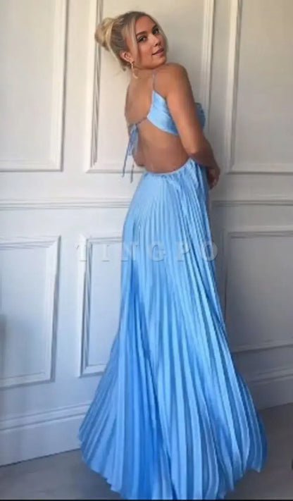 Wholesale Simple A line Halter Blue Sleeveless Long Prom Dress Formal Evening Dresses gowns evening dresses