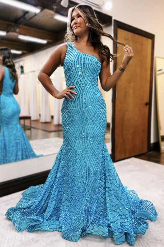 Wholesale Sparkly Blue Mermaid One Shoulder Sequins Long Prom Dress prom dresses shops