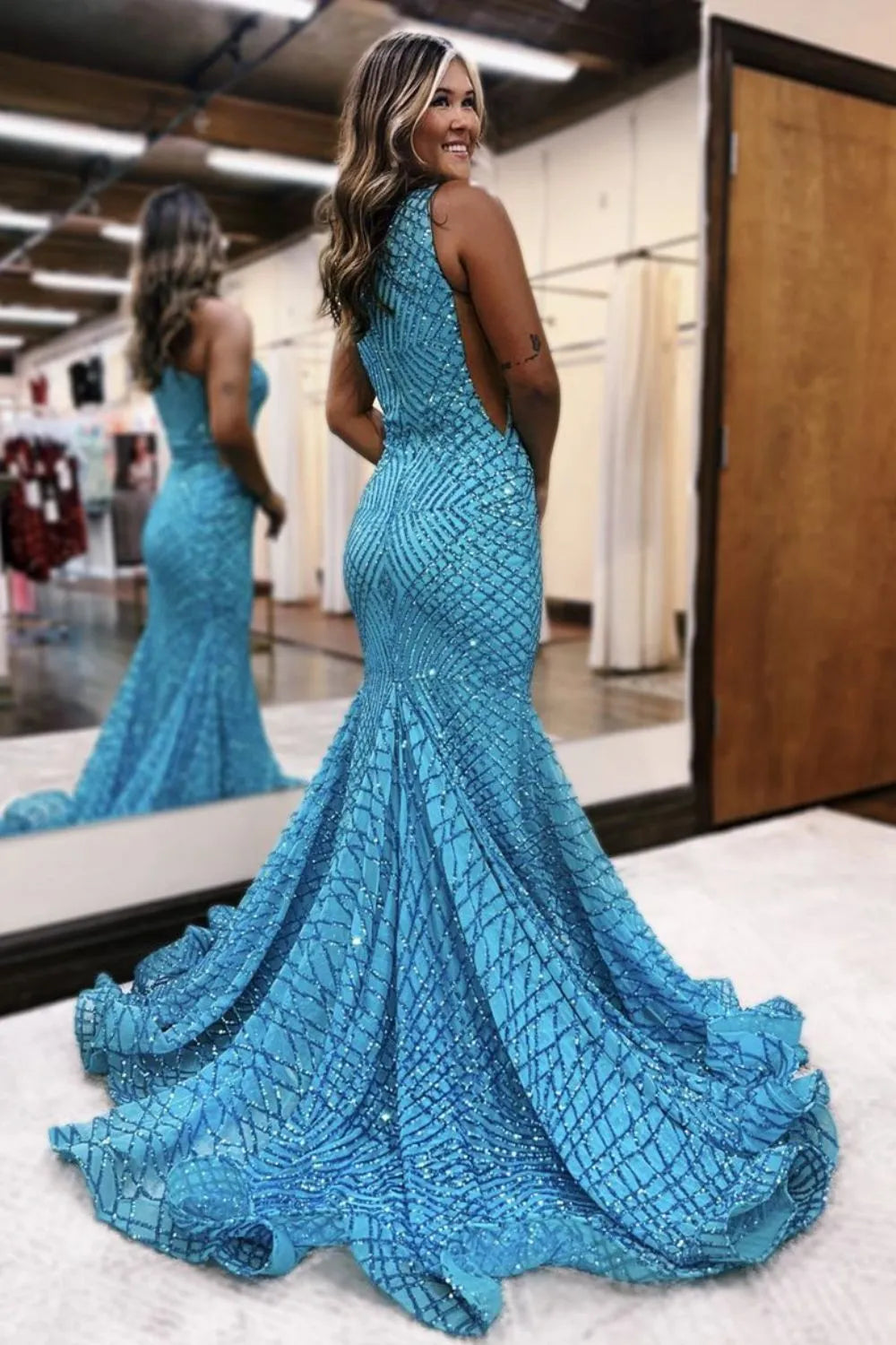 Wholesale Sparkly Blue Mermaid One Shoulder Sequins Long Prom Dress prom dresses shops