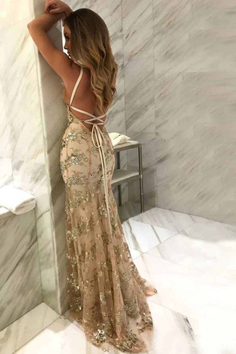 Wholesale Sparkly Mermaid Open Back Sequin Shiny Sheath Long Champagne Prom Dresses