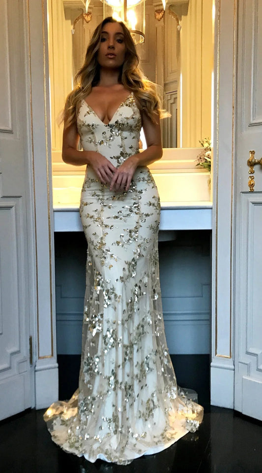 Wholesale Sparkly Mermaid Open Back Sequin Shiny Sheath Long Champagne Prom Dresses