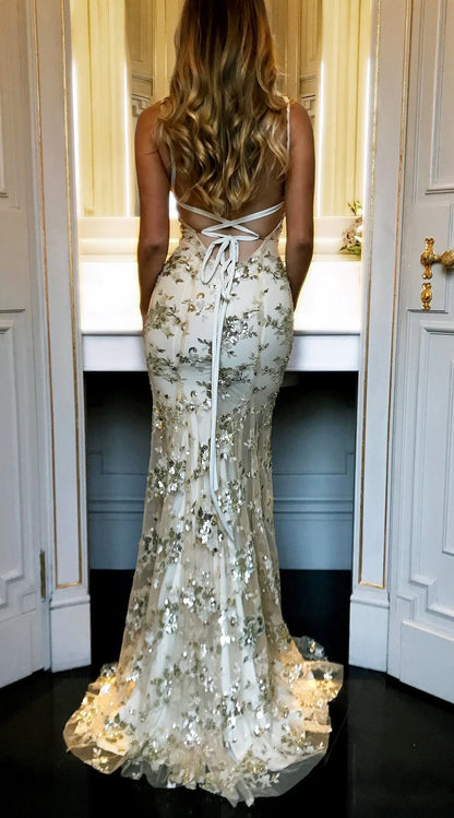 Wholesale Sparkly Mermaid Open Back Sequin Shiny Sheath Long Champagne Prom Dresses