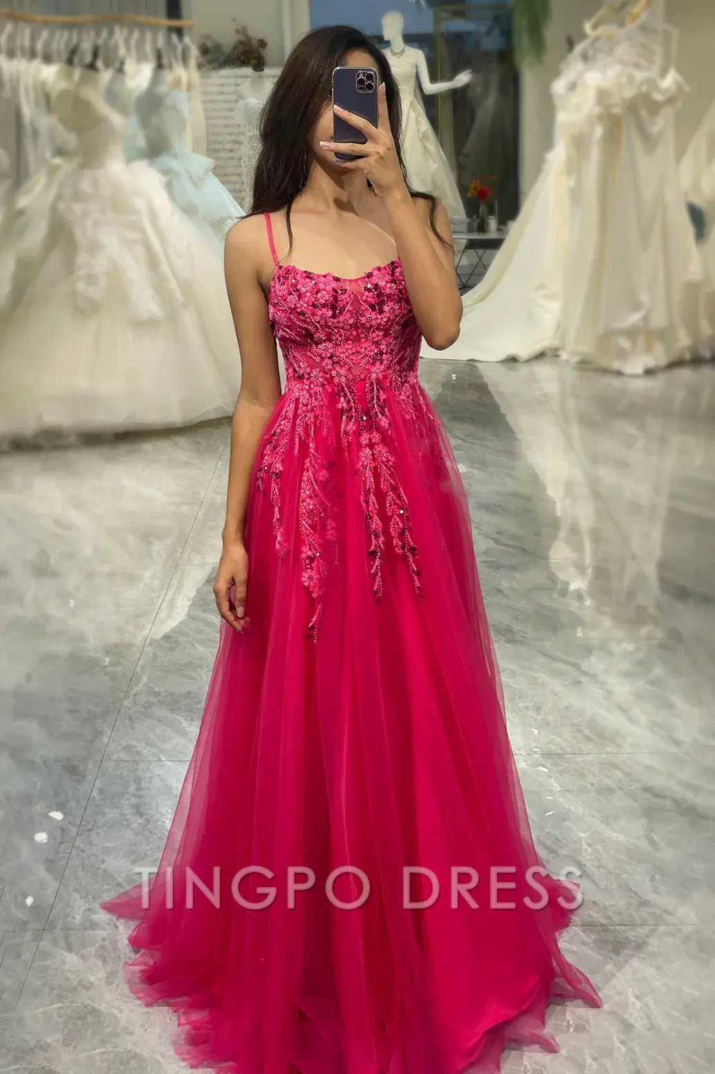 TingPo Wholesale Elegant  A Line Fuchsia Spaghetti Straps Tulle Long Prom Dress With Appliques