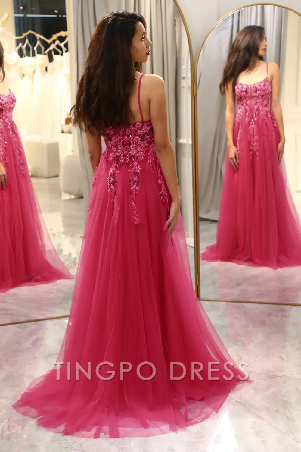 TingPo Wholesale Elegant  A Line Fuchsia Spaghetti Straps Tulle Long Prom Dress With Appliques