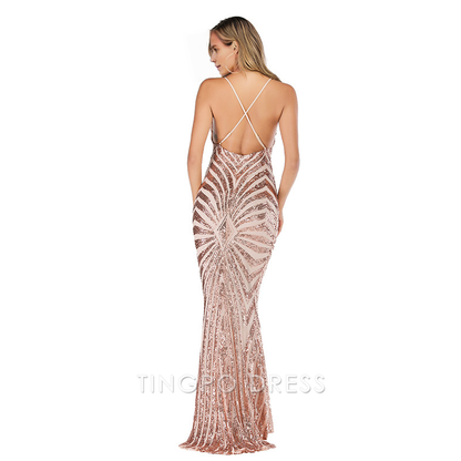 TingPo Wholesale Elegant Sheath/Column Sweep Train V-neck Sequined Prom Dresses