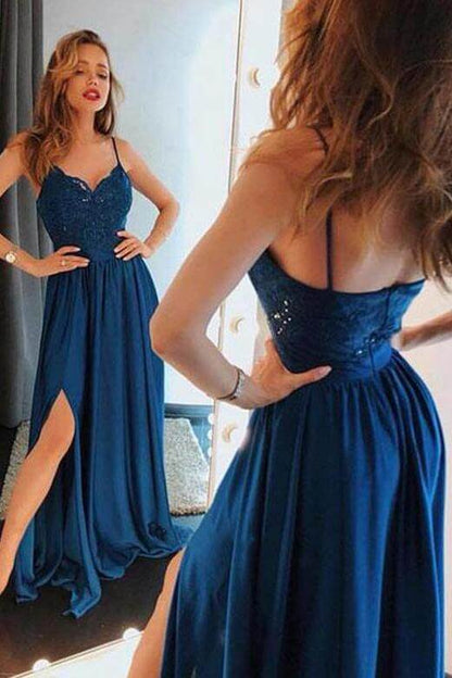 Wholesale Unique Blue Spaghetti Straps Lace Prom Dresses Satin Sweetheart Side Slit