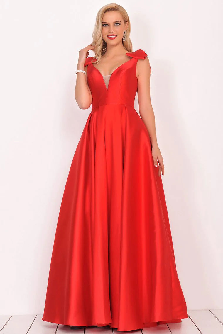 Wholesale V-Neck Bubble Shoulder A-Line Satin Evening Dress Floor-Length