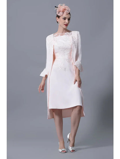 Wholesale Mother of the Bride Dress Plus Size Elegant Jewel Neck Knee Length Polyester Short Sleeve with Lace