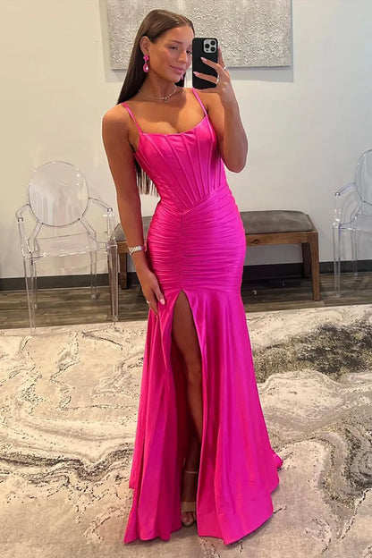 Wholesale Hot Pink Spaghetti Straps Mermaid Long Satin Prom Dress with Slit prom dresses shops