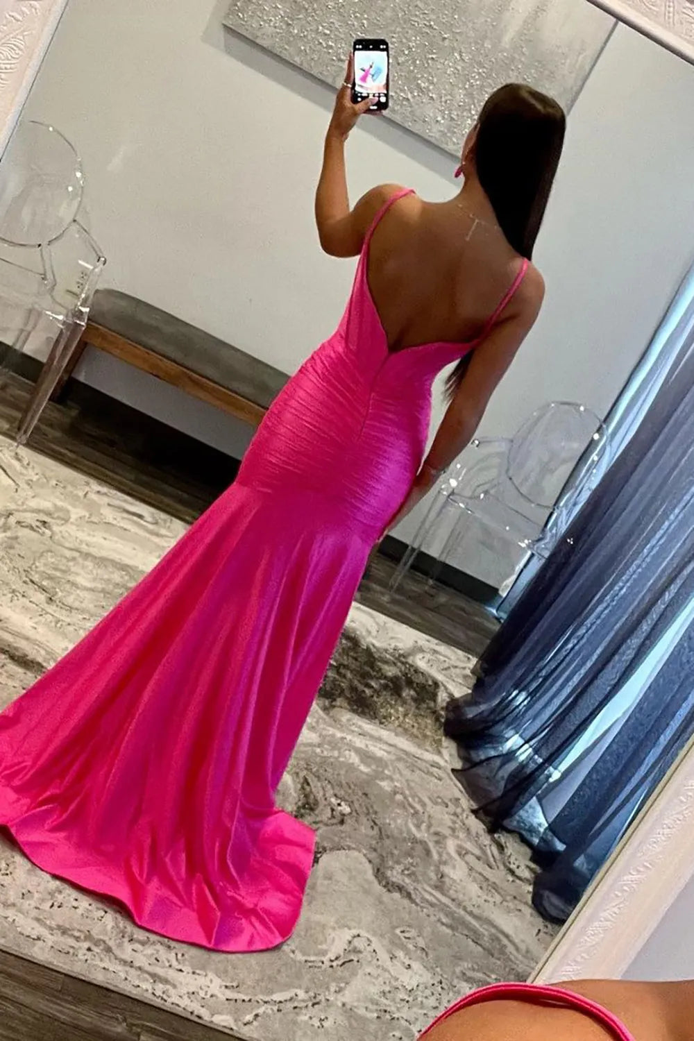 Wholesale Hot Pink Spaghetti Straps Mermaid Long Satin Prom Dress with Slit prom dresses shops