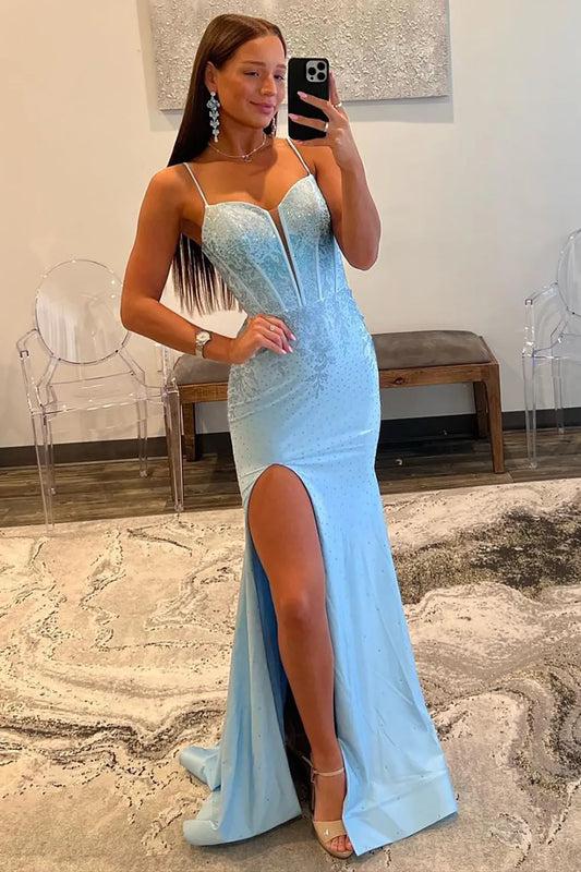 Wholesale Glitter Light Blue Spaghetti Straps Mermaid Lace Up Long Prom Dress with Slit prom dresses shops