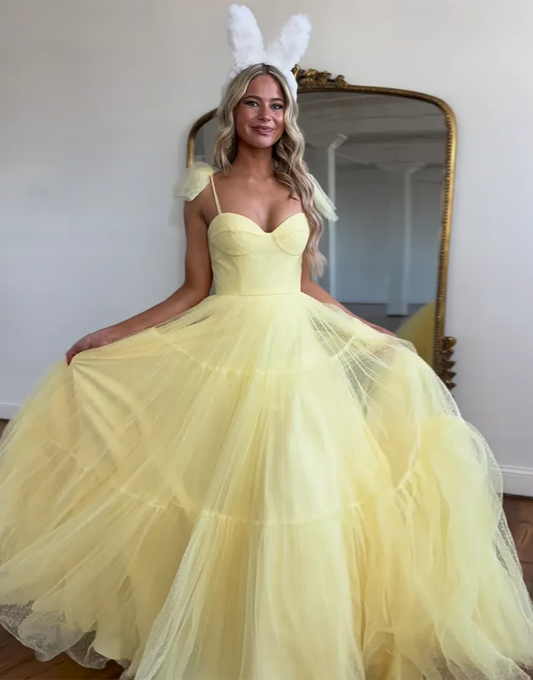 Wholesale Yellow A-Line Tie Straps Zipper Back Long Tulle Prom Dress prom dresses shops