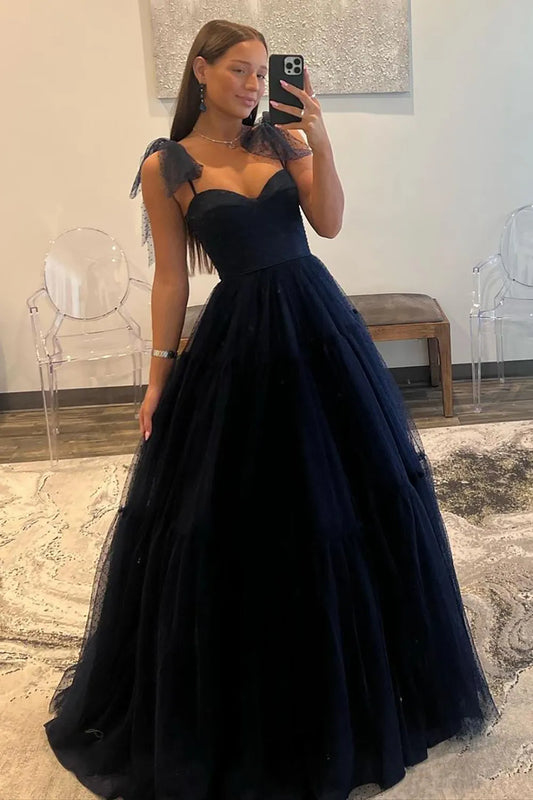 Wholesale Dark Navy A-Line Tie Straps Zipper Back Long Tulle Prom Dress prom dresses shops