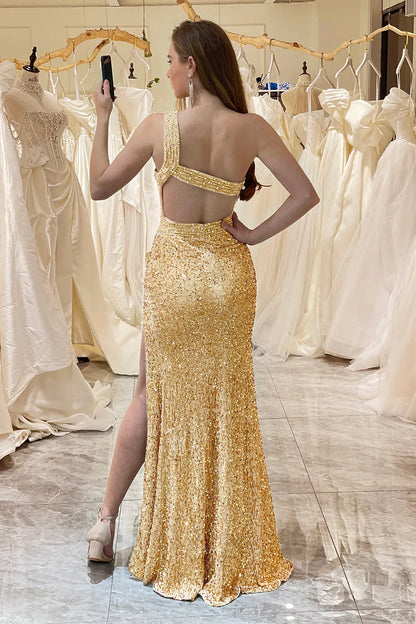 Wholesale Sparkly Gold Mermaid One Shoulder Long Sequin Prom Dress With Slit prom dresses shops