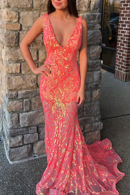 Wholesale Coral Sparkly Mermaid V-Neck Long Tight Prom Party Dress prom dresses shops