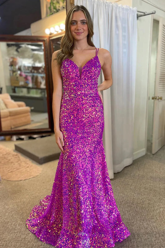 Wholesale Sparkly Mermaid Purple Double Strapls Long Sequin Prom Dress prom dresses shops