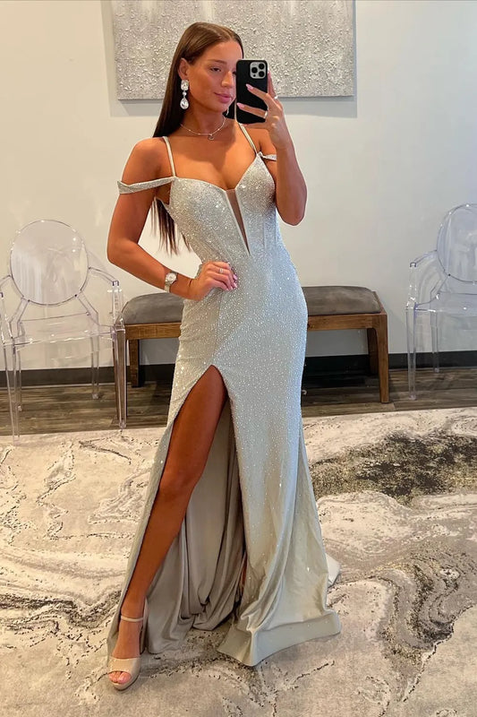 Wholesale Glitter Mermaid Off The Shoulder Long Corset Beaded Prom Dress With Slit prom dresses shops