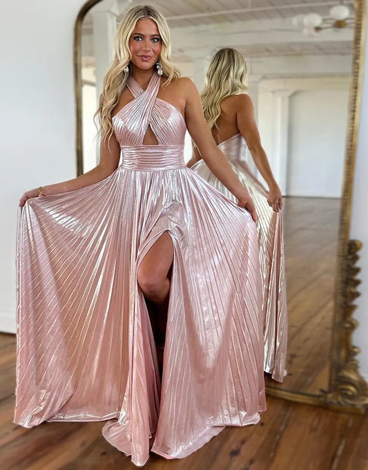 Wholesale Pink A-Line Halter Long Metallic Prom Dress With Slit prom dresses shops