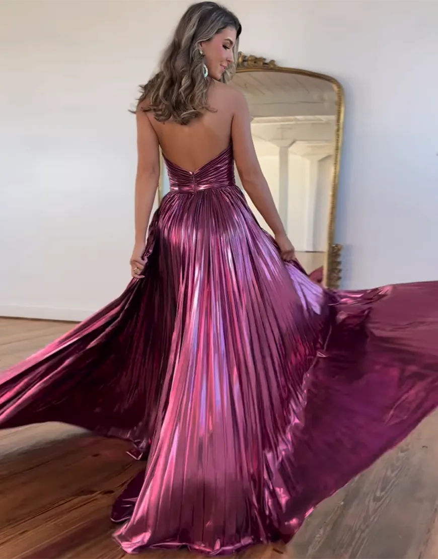 Wholesale Fuchsia A-Line Halter Long Metallic Prom Dress With Slit prom dresses shops