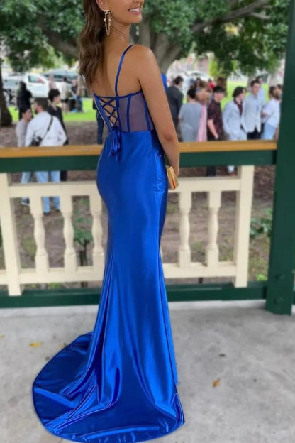 Wholesale Royal Blue Mermaid Spaghetti Straps Long Satin Prom Dress With Split prom dresses shops