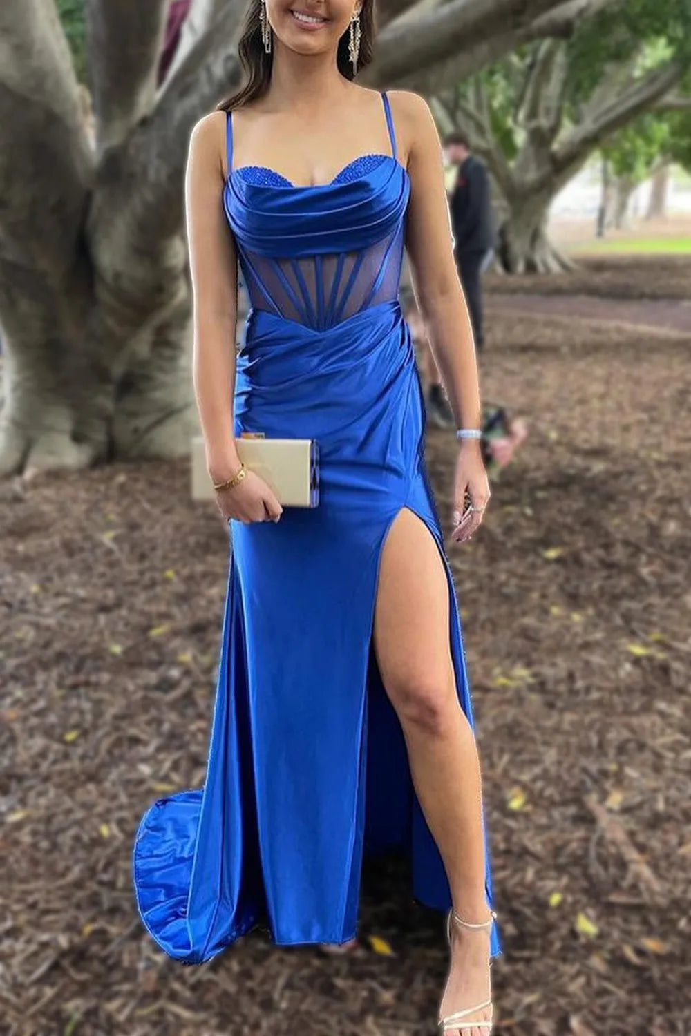 Wholesale Royal Blue Mermaid Spaghetti Straps Long Satin Prom Dress With Split prom dresses shops