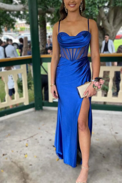 Wholesale Royal Blue Mermaid Spaghetti Straps Long Satin Prom Dress With Split prom dresses shops