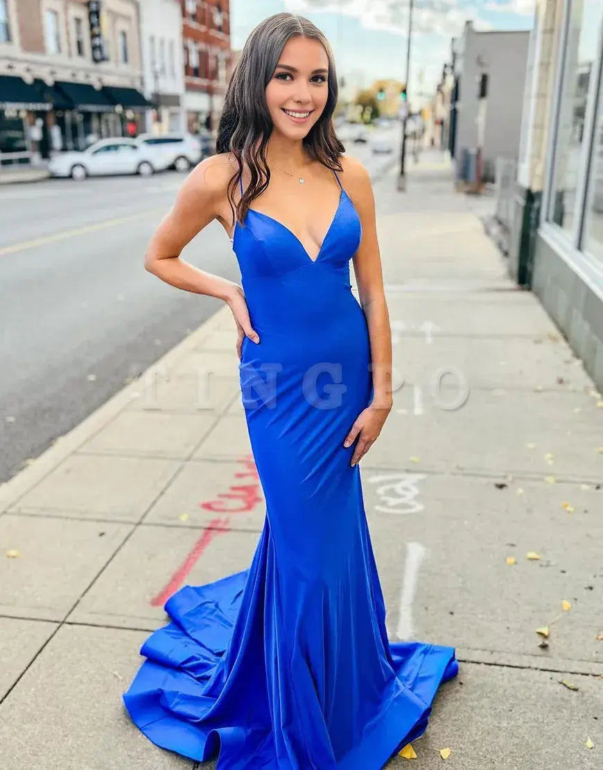 Wholesale Mermaid Royal Blue Sexy Backless Long Prom Dress prom dresses shops ﻿