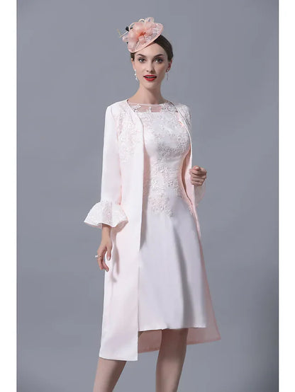 Wholesale Mother of the Bride Dress Plus Size Elegant Jewel Neck Knee Length Polyester Short Sleeve with Lace