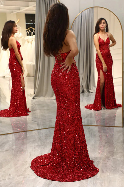 Wholesale Glitter Red Mermaid Mirror Top Long Sequin Prom Dress With Slit prom dresses shops