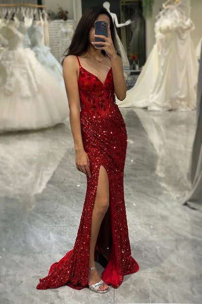 Wholesale Glitter Red Mermaid Mirror Top Long Sequin Prom Dress With Slit prom dresses shops