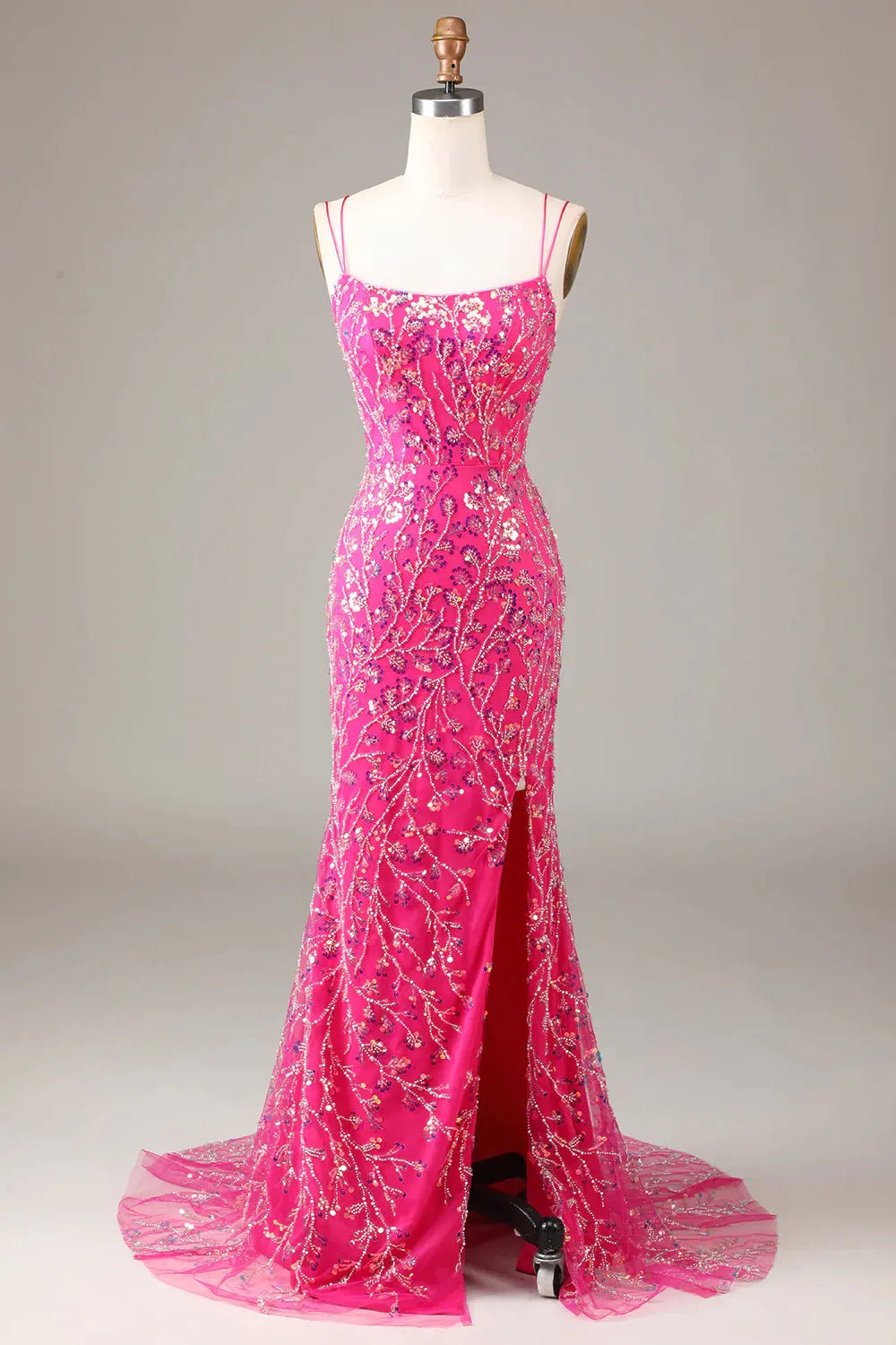 Wholesale Sparkly Fuchsia Mermaid Spaghetti Straps Long Beaded Prom Dress With Slit prom dresses shops