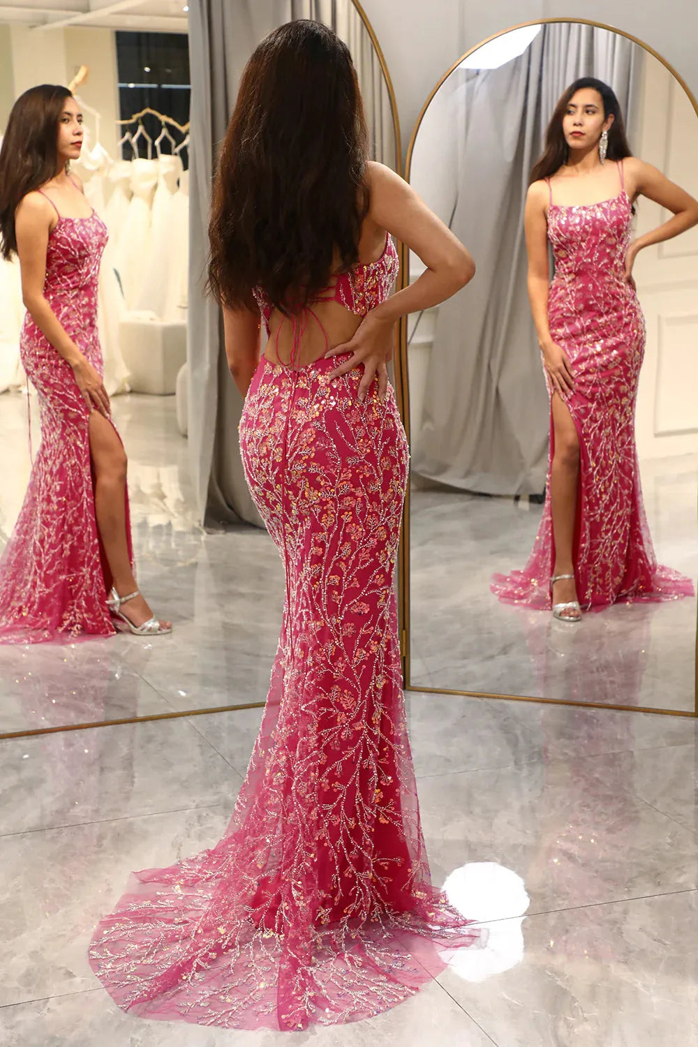 Wholesale Sparkly Fuchsia Mermaid Spaghetti Straps Long Beaded Prom Dress With Slit prom dresses shops