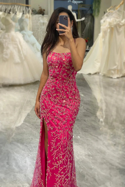 Wholesale Sparkly Fuchsia Mermaid Spaghetti Straps Long Beaded Prom Dress With Slit prom dresses shops